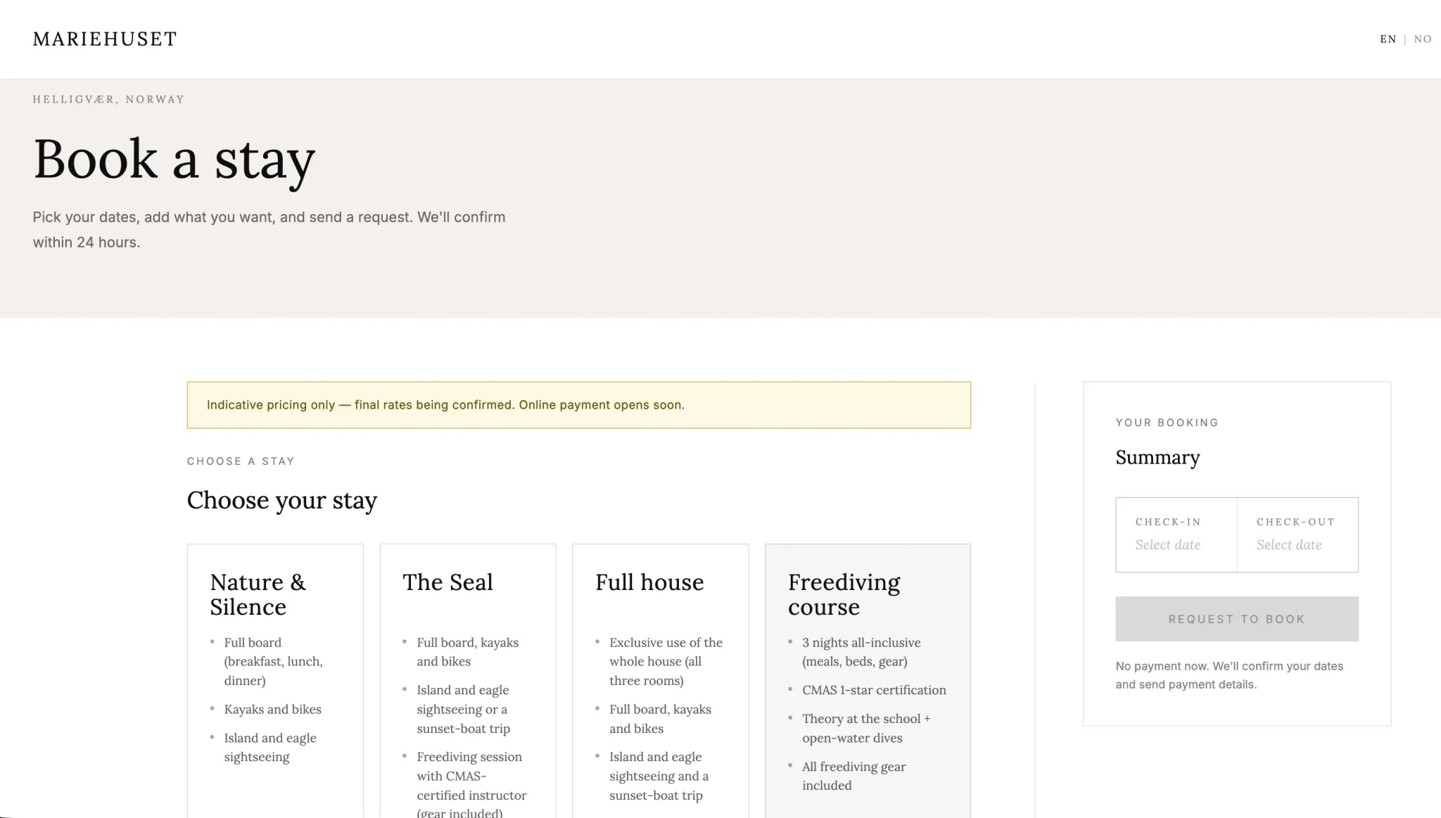 Mariehuset custom booking platform