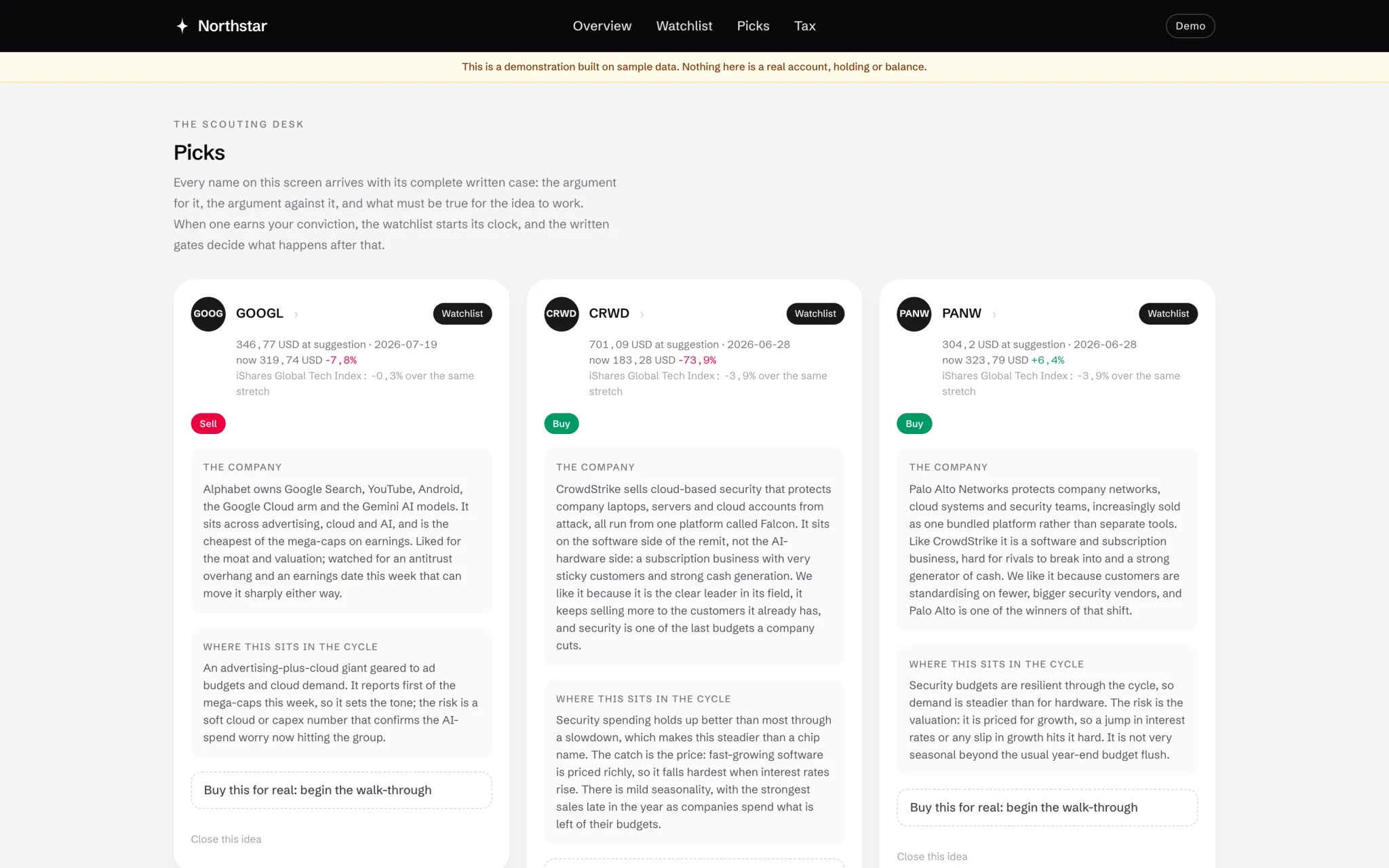 Northstar picks screen, where every name carries its written case