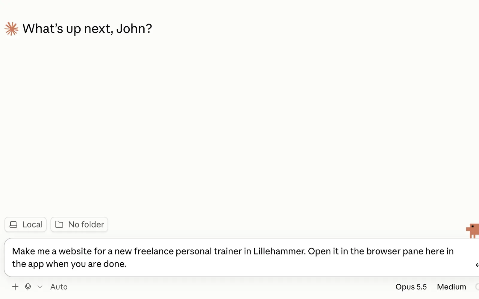 The Claude app with one message typed in